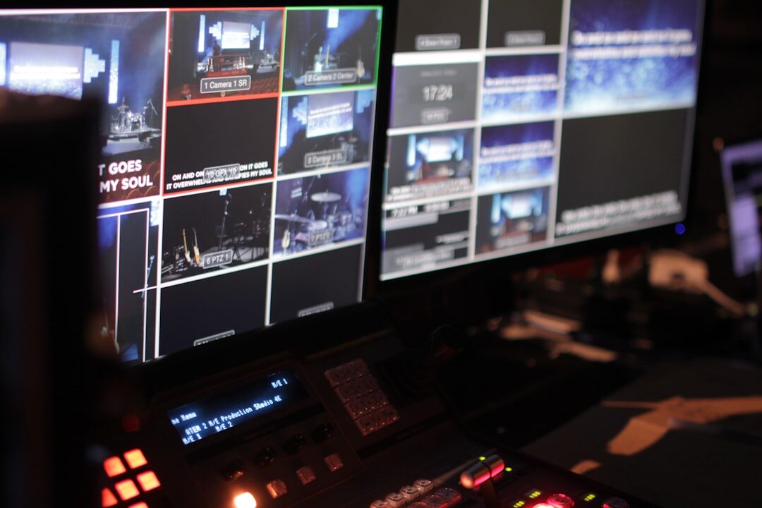 Professional television news broadcast studio with cameras and broadcast equipment